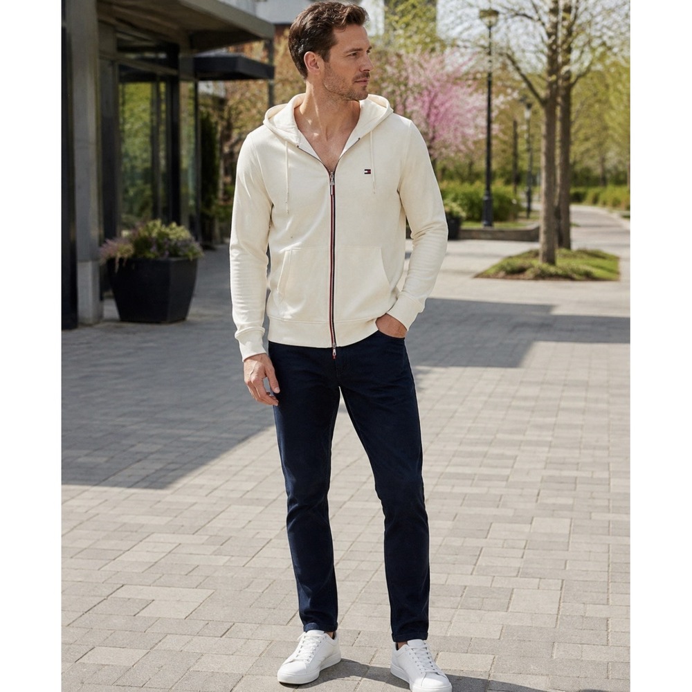 Tommy Hilfiger Men's Plain Hoodie Sweatshirt,  WHITE, M full zip